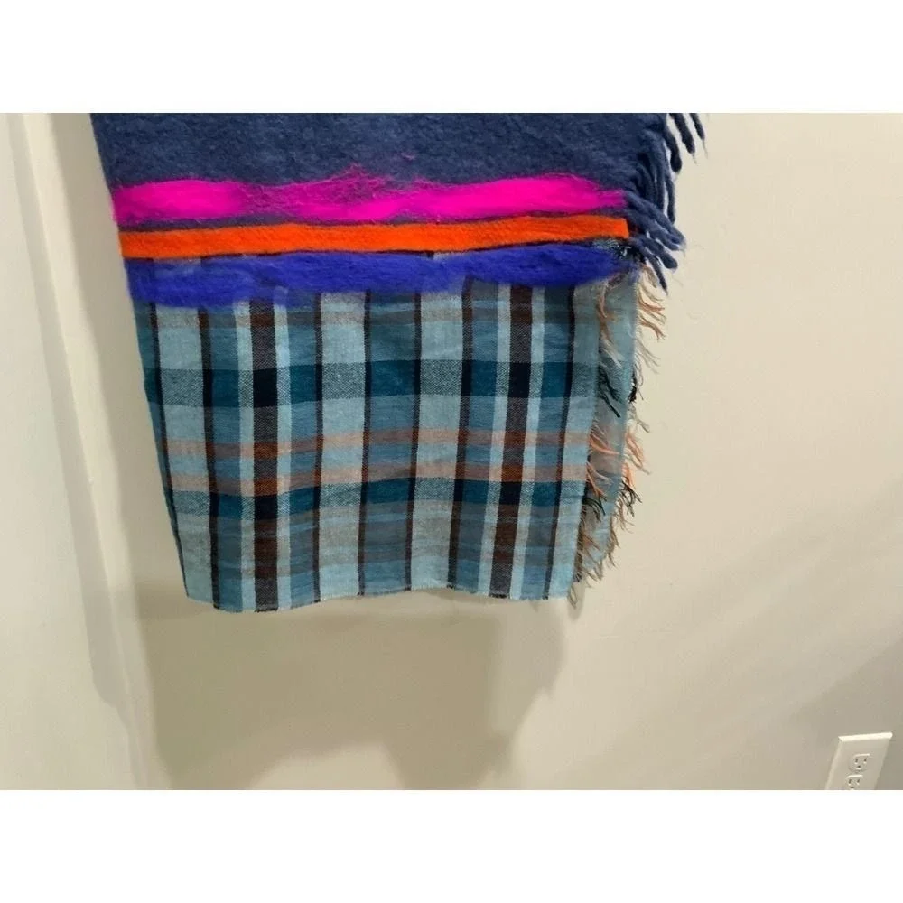 Made in Italy Mixed Media Wool Blanket Blue Neon Pink Orange Fringe Wrap Style